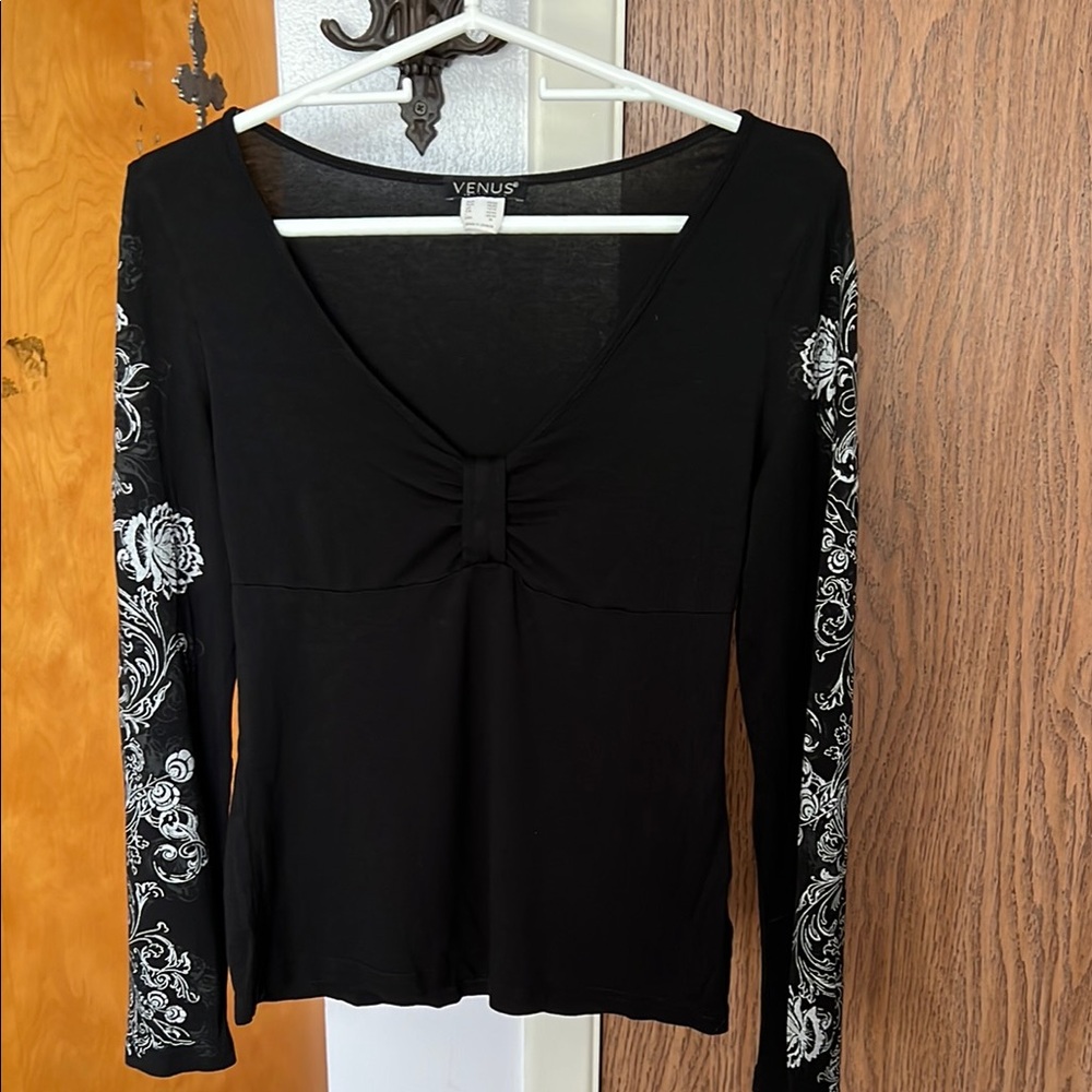 Venus Black Long Sleeve Top with White Floral Accents